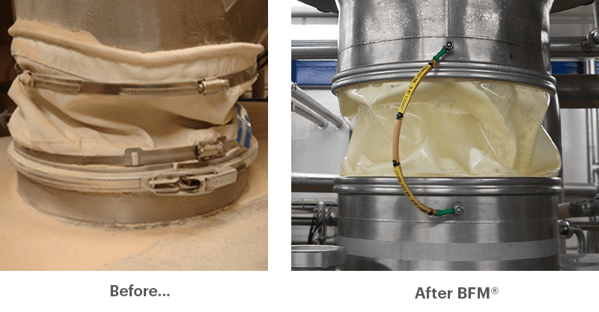 Before and after factory image comparing a leaky hose-clamped connector to a BFM® connector